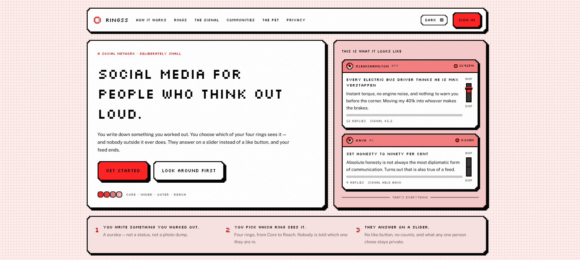 Ringss landing page with the headline Social media for people who think out loud, a Get Started button, and sample posts with reaction sliders.